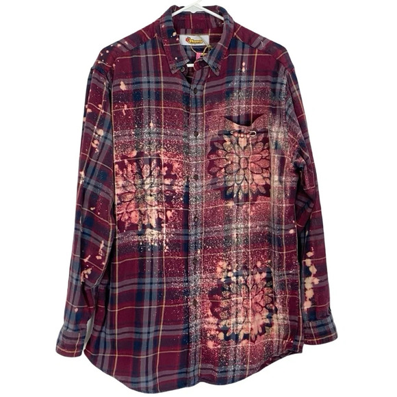 Hand Crafted Tops - Handmade Boho Flannel Shirt Floral Stencil Bleached Plaid Womens Large XL Red